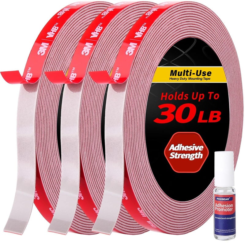 PHIXBEAR 3 Pack Super Strong Adhesion - Heavy Duty Double Sided Tape, Waterproof Multipurpose Mounting Tape for Indoor & Outdoor Use, Automotive Wall Foam Adhesive (0.4in×45ft) - Image 1